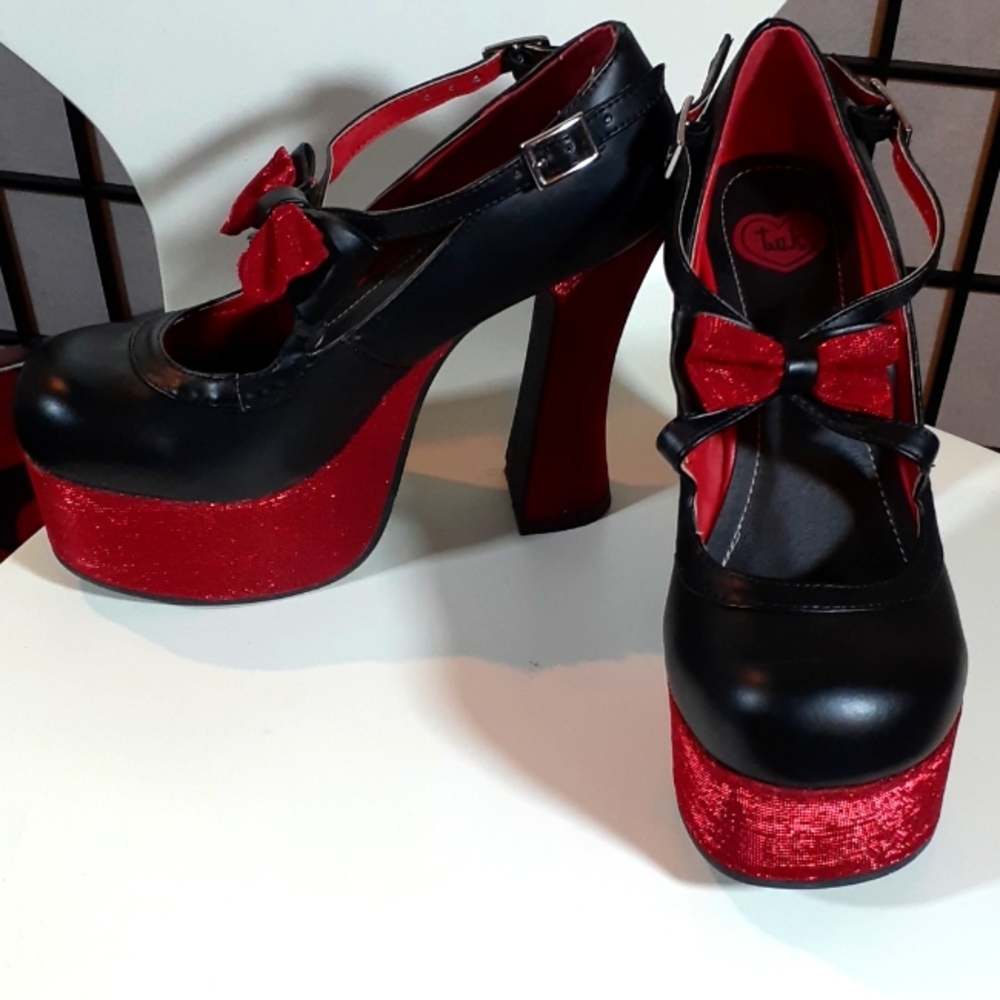 TUK vintage platform heels red sparkle bows and heels